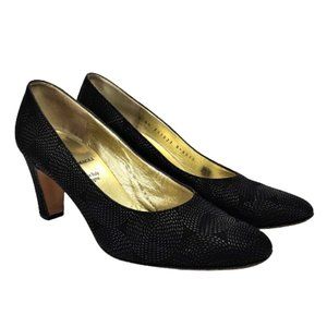 Bruno Magli Black Suede Embossed Vintage Mid Alomond Toe Pump Heel Shoes Sz 6.5